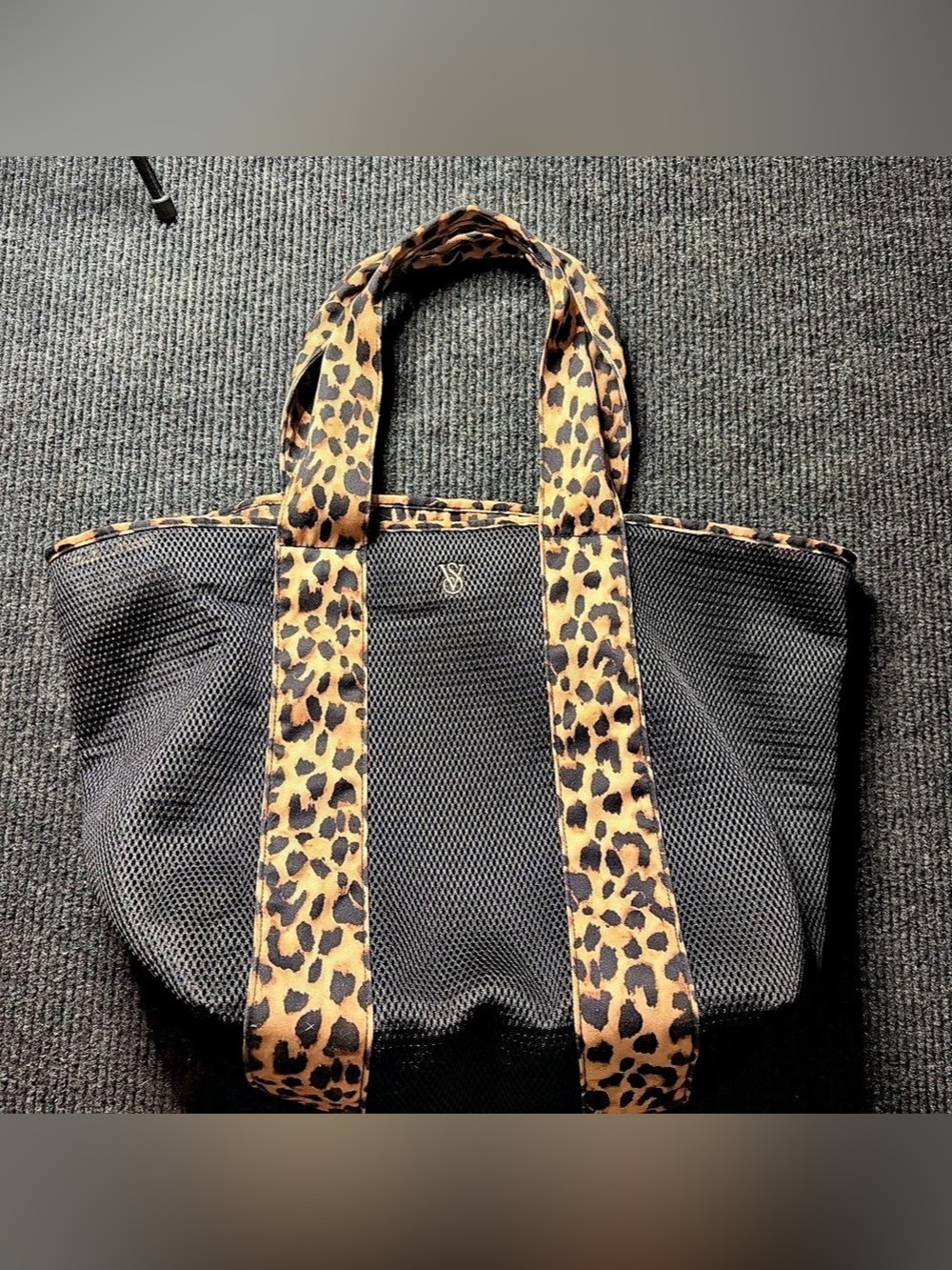 Victoria’s Secret Leopard Mesh Tote Bag Black Zip Beach Gym Travel VS